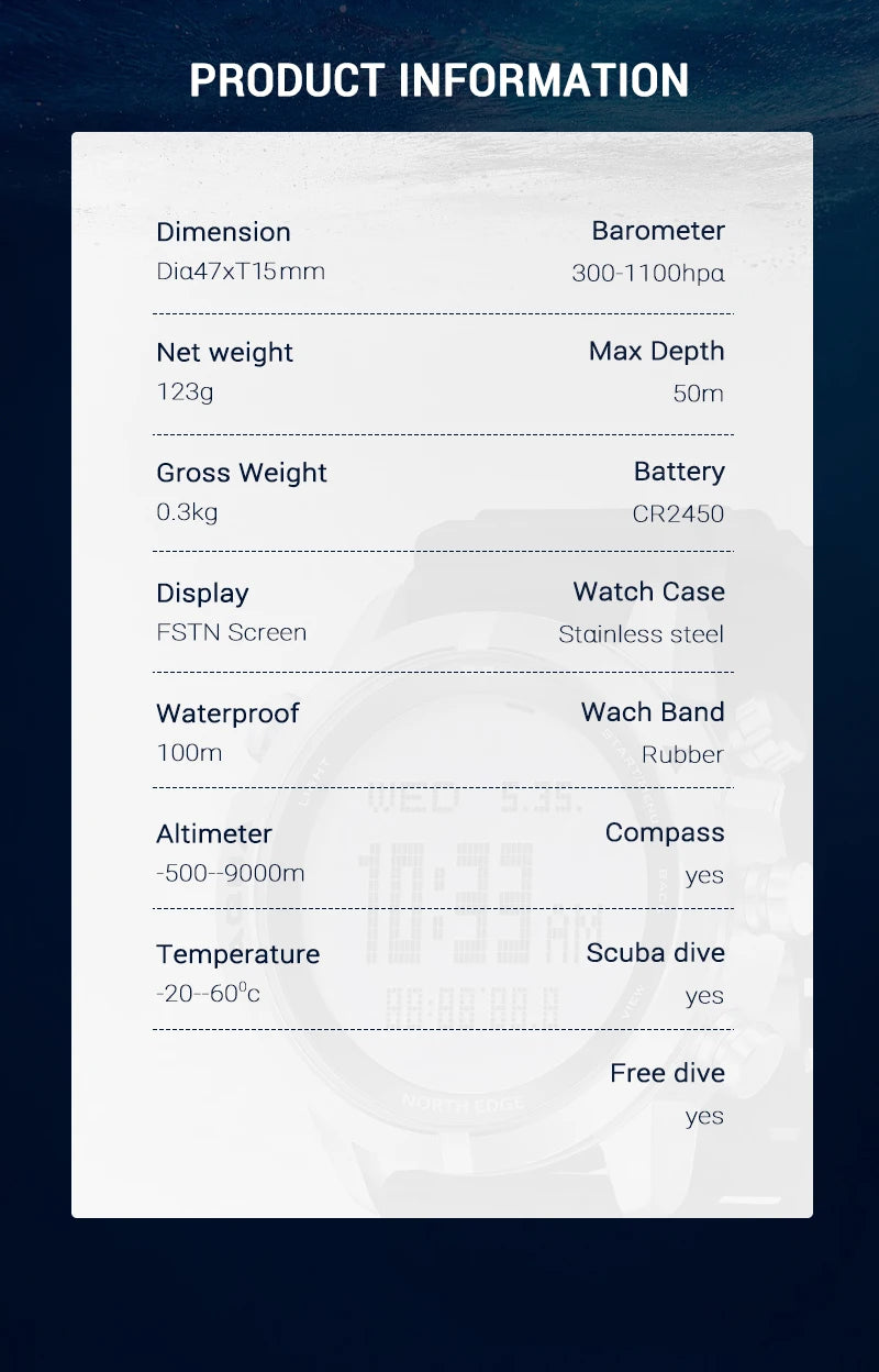 NORTH EDGE Men’s Dive Computer Smart Watch – 50M, NDL, Altimeter, Compass