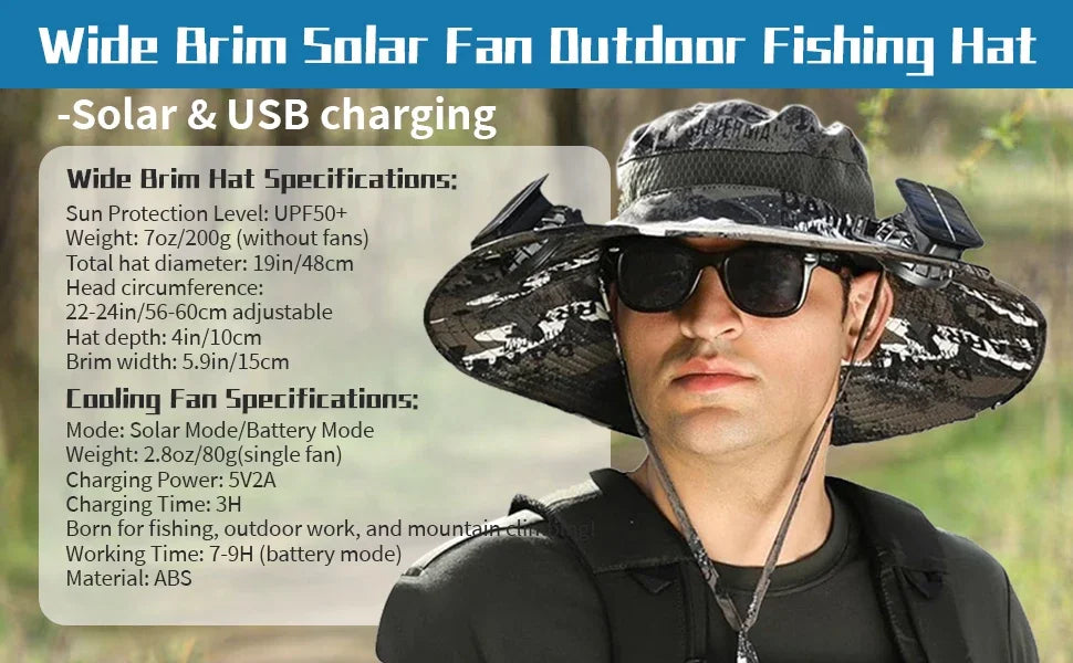 Men’s Wide Brim Solar Fan Hat – UPF50+ Sun Protection, Dual Power