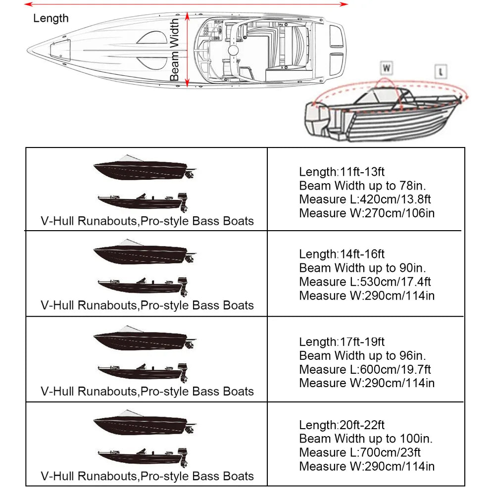 Heavy Duty Waterproof Boat Cover – UV & Sunproof Mooring Cover (11–22ft V-Hull)