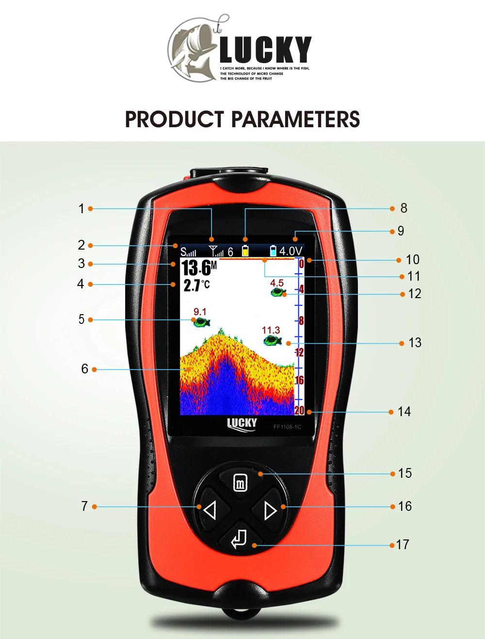 Lucky FF1108-1CWLA Wireless Sonar Fish Finder – 45M Depth, Rechargeable