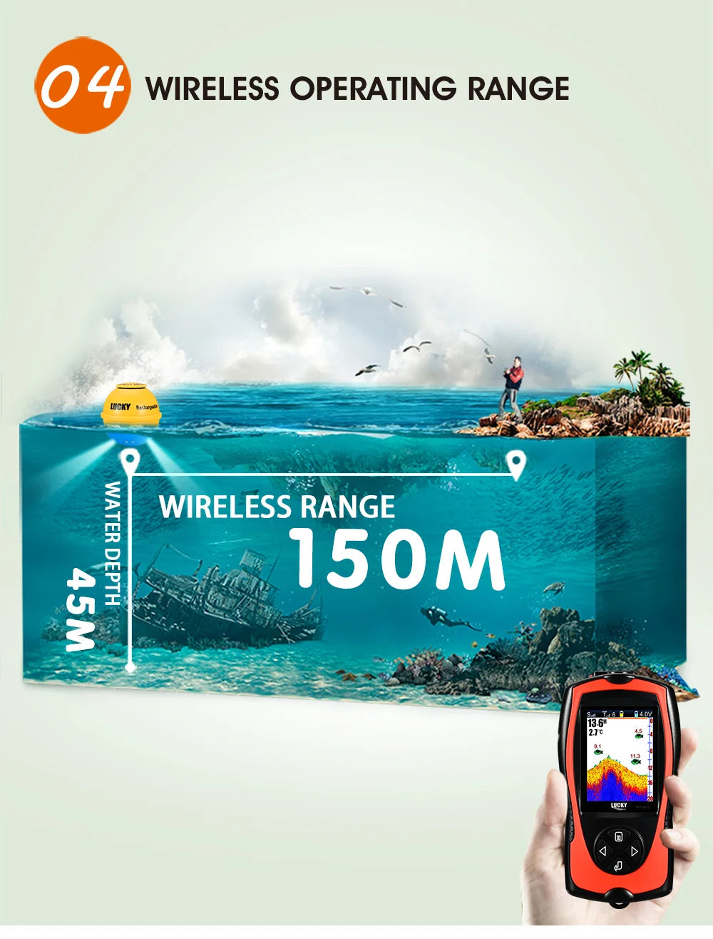 Lucky FF1108-1CWLA Wireless Sonar Fish Finder – 45M Depth, Rechargeable