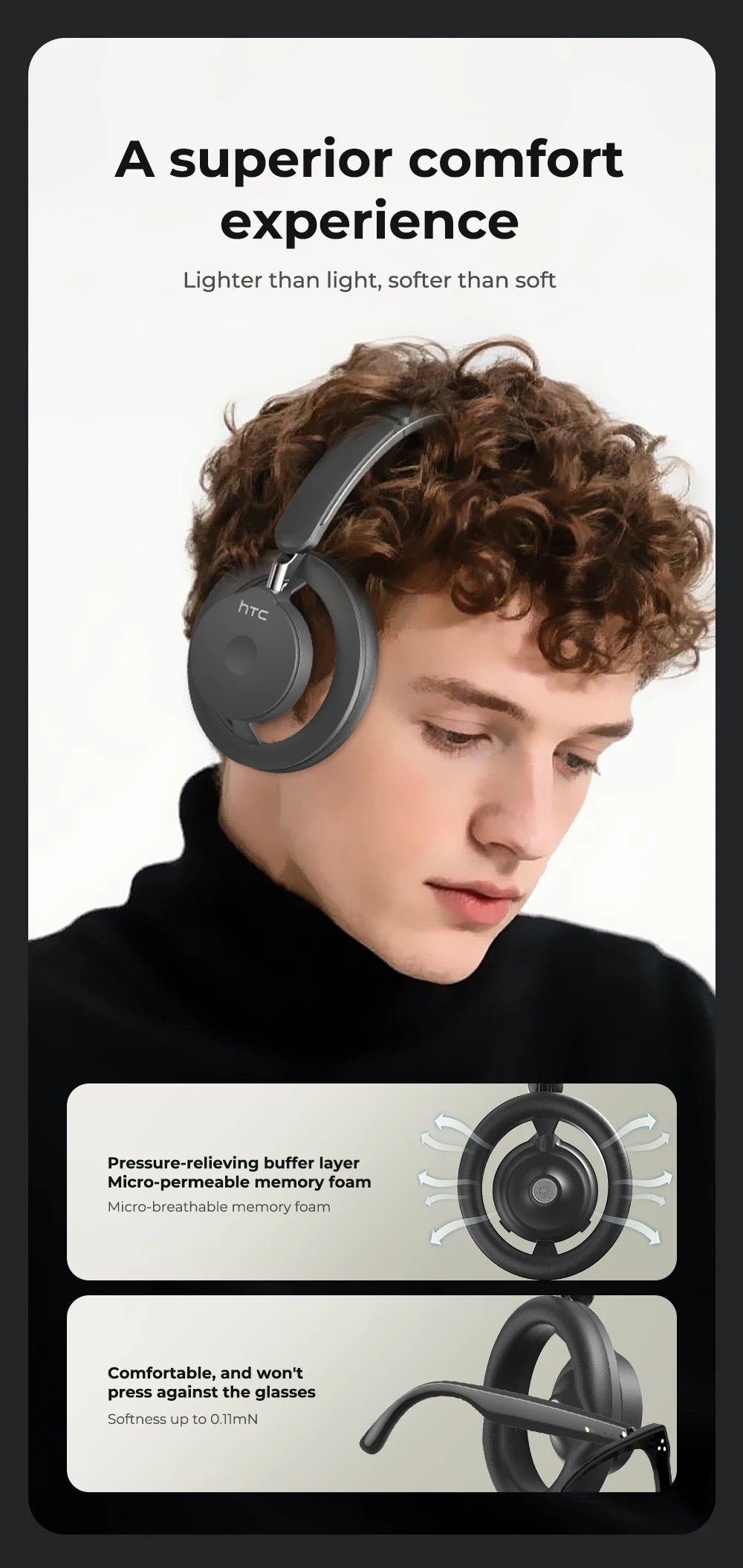 HTC HP06 Open-Ear Wireless Headphones – Foldable Bluetooth V6.0 Headset with AI Translate