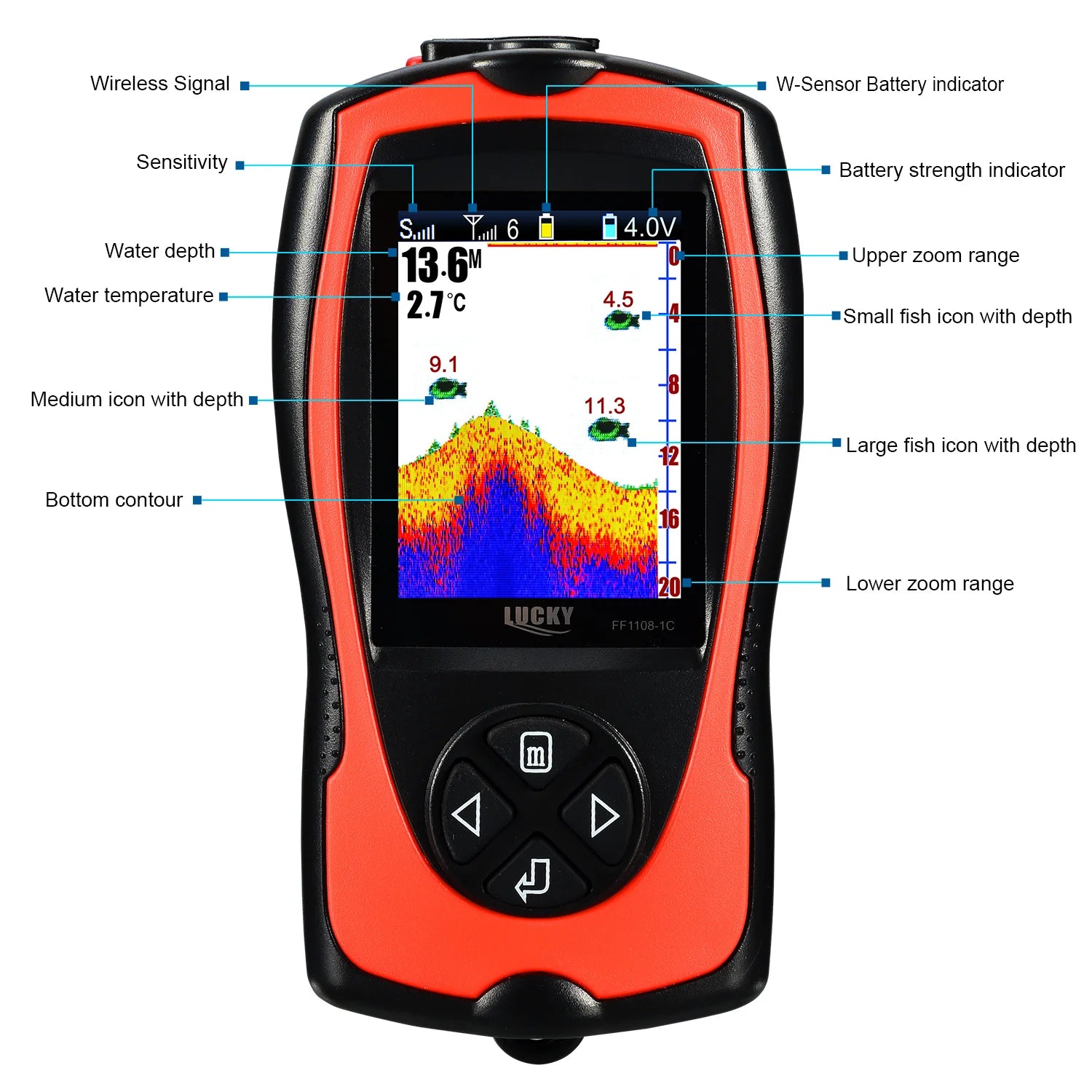 Lucky FF1108-1CWLA Wireless Sonar Fish Finder – 45M Depth, Rechargeable
