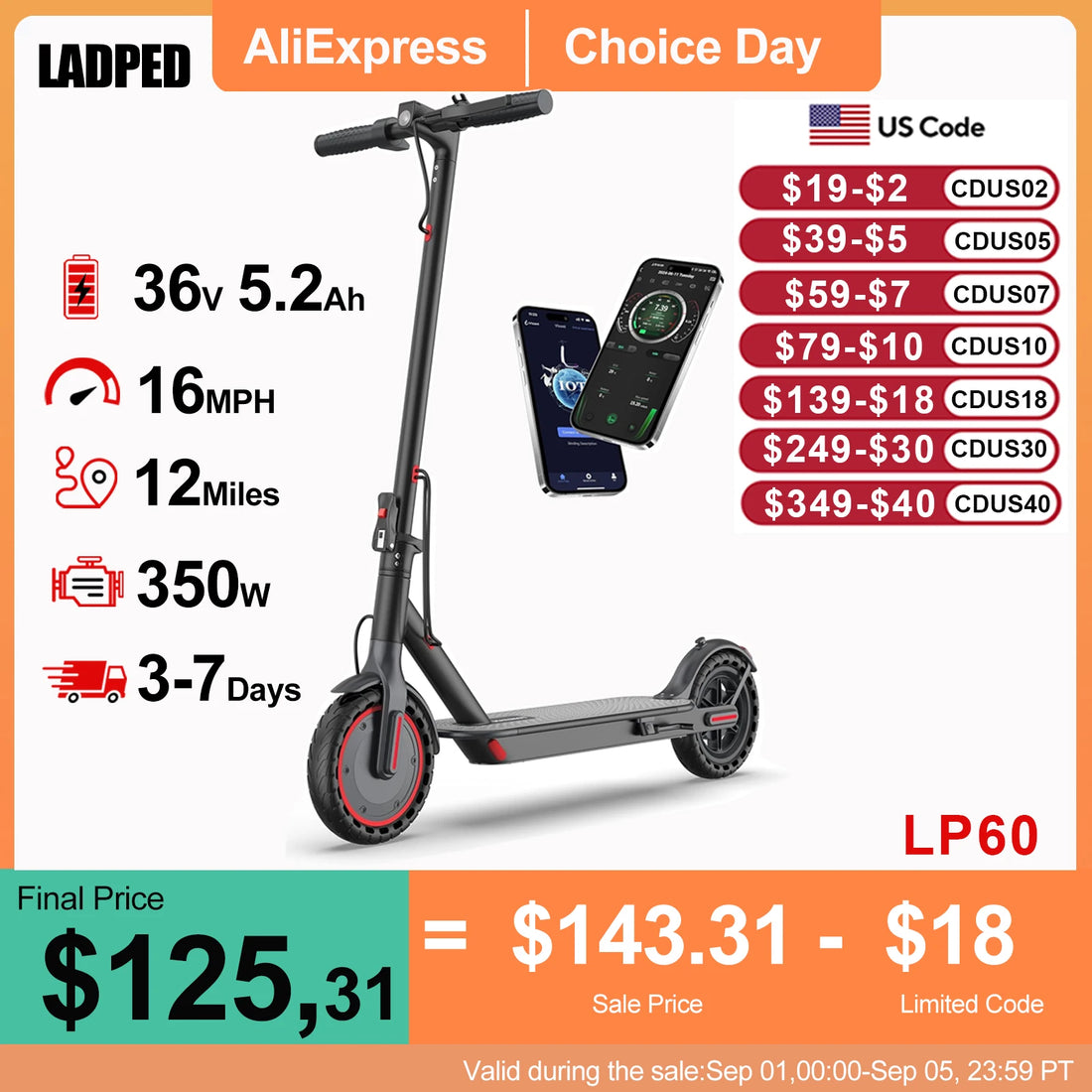 LP60 Electric Scooter – 350W Folding E-Scooter with App Control, 16mph, 12-Mile Range