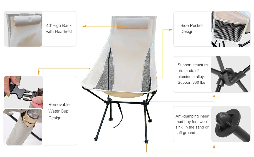 Westtune Portable Folding Camping Chair – Lightweight Aluminum Outdoor Seat with Headrest