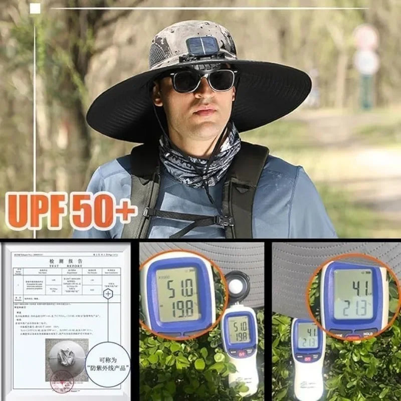 Men’s Wide Brim Solar Fan Hat – UPF50+ Sun Protection, Dual Power