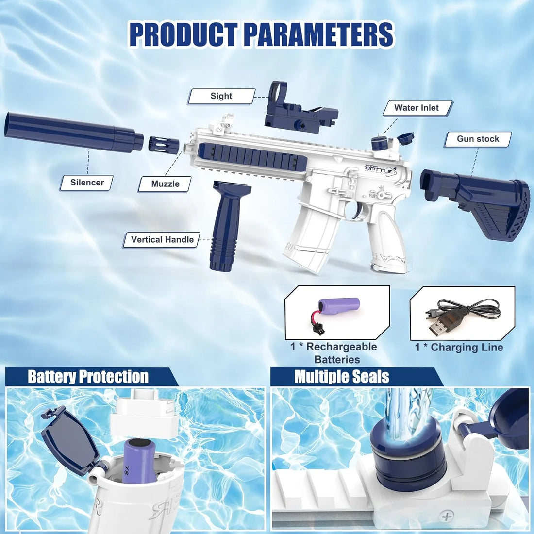Unilabo M416 Electric Water Gun – Battery Powered with External Water Bottle
