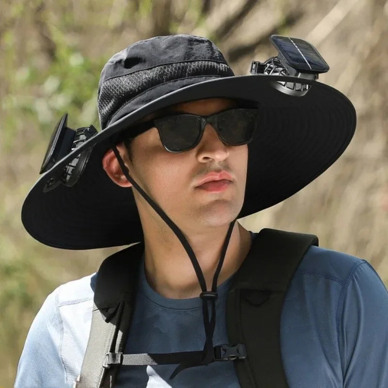 Men’s Wide Brim Solar Fan Hat – UPF50+ Sun Protection, Dual Power