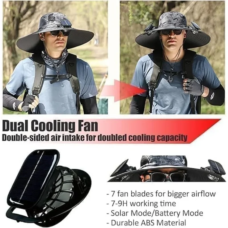 Men’s Wide Brim Solar Fan Hat – UPF50+ Sun Protection, Dual Power