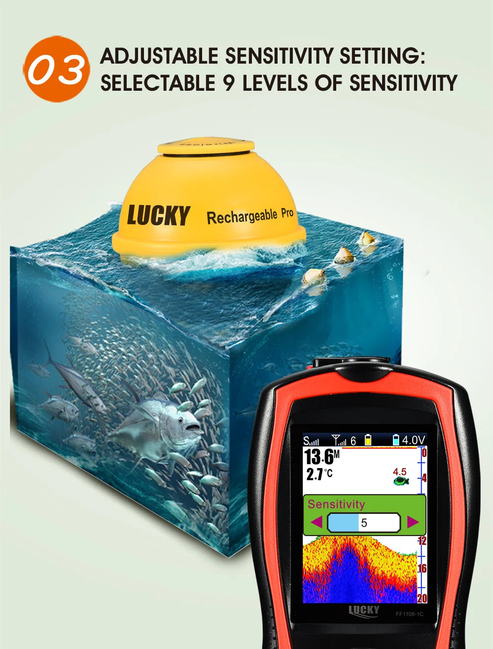 Lucky FF1108-1CWLA Wireless Sonar Fish Finder – 45M Depth, Rechargeable