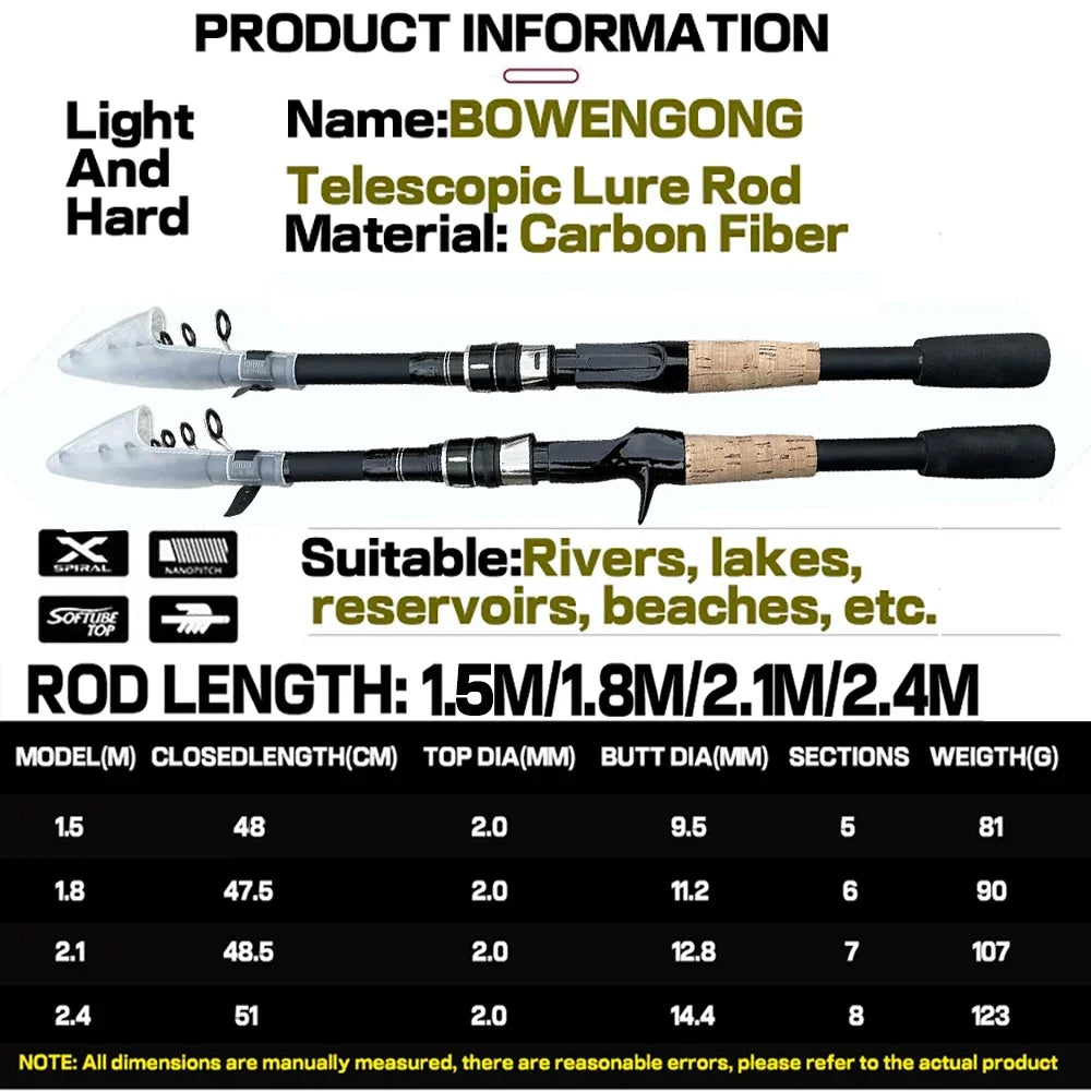 Telescopic Carbon Fishing Rod – 1.5M to 2.4M Spinning/Baitcasting