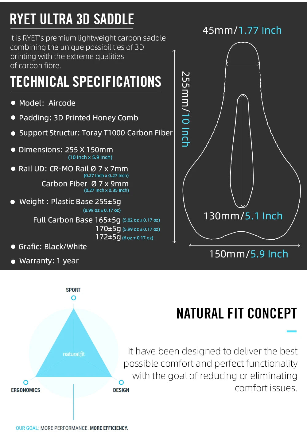 RYET Full Carbon 3D Printed Bike Saddle – Ultralight Breathable MTB & Road Seat