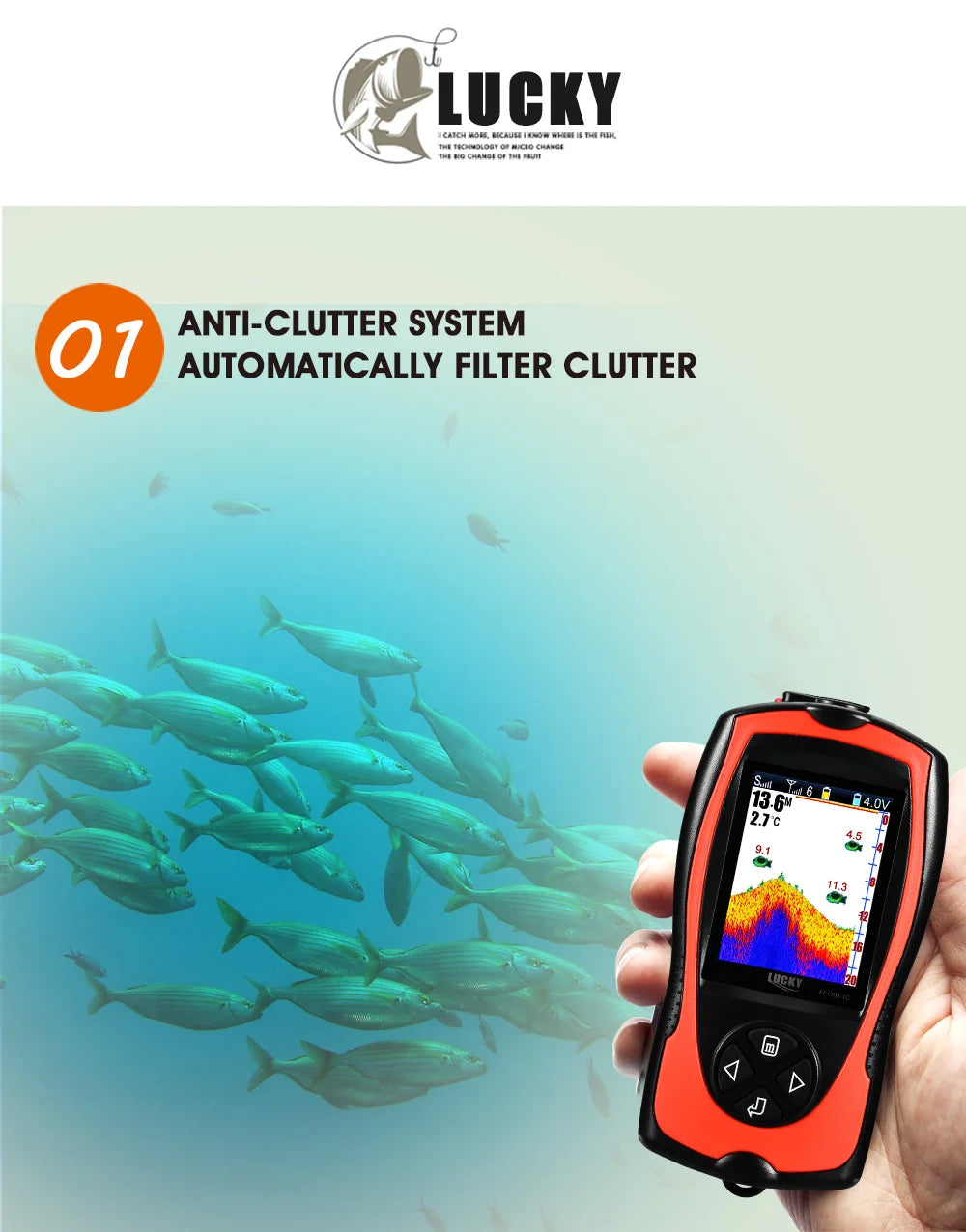 Lucky FF1108-1CWLA Wireless Sonar Fish Finder – 45M Depth, Rechargeable