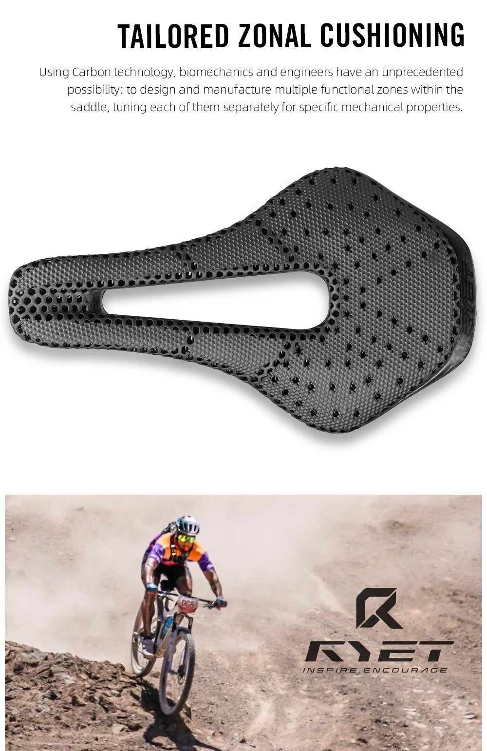 RYET Full Carbon 3D Printed Bike Saddle – Ultralight Breathable MTB & Road Seat