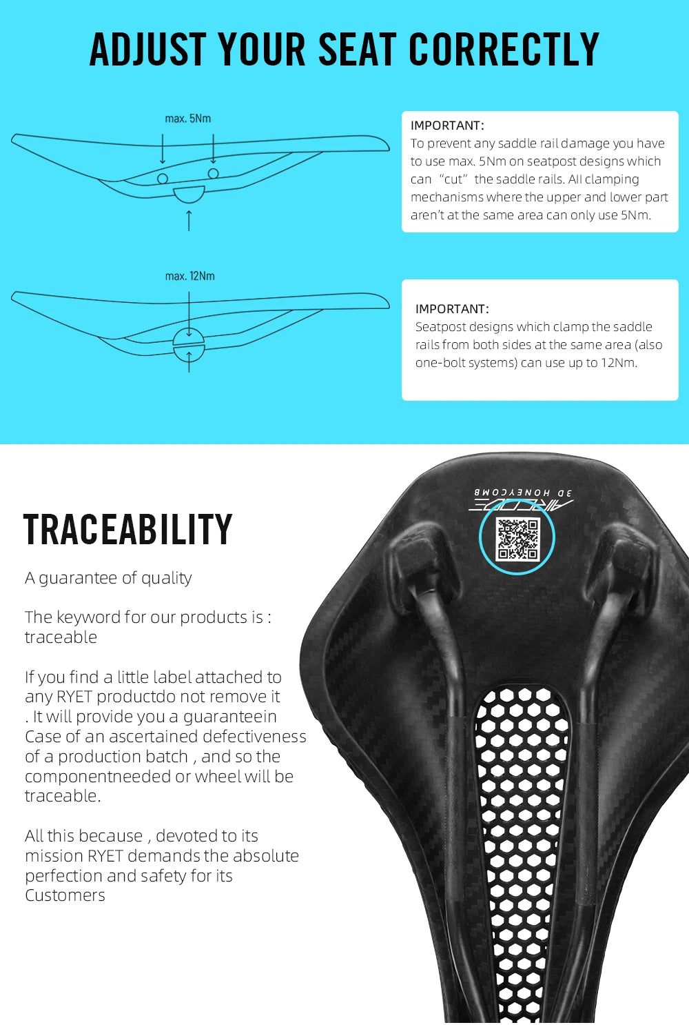 RYET Full Carbon 3D Printed Bike Saddle – Ultralight Breathable MTB & Road Seat