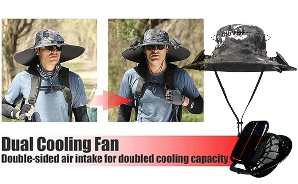Men’s Wide Brim Solar Fan Hat – UPF50+ Sun Protection, Dual Power