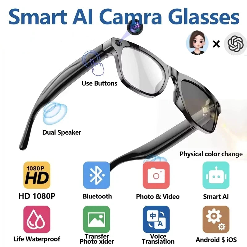 2026 4K AI Smart Glasses – Color Changing, 100MP Camera, Bluetooth Call & Voice Assistant