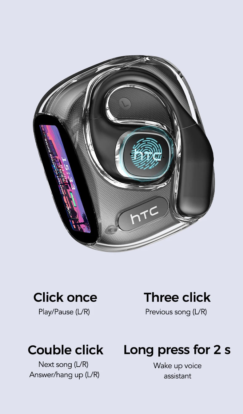 HTC NE11 Open-Ear Wireless Earbuds – Bluetooth V6.0 with AI Translator & LCD Display