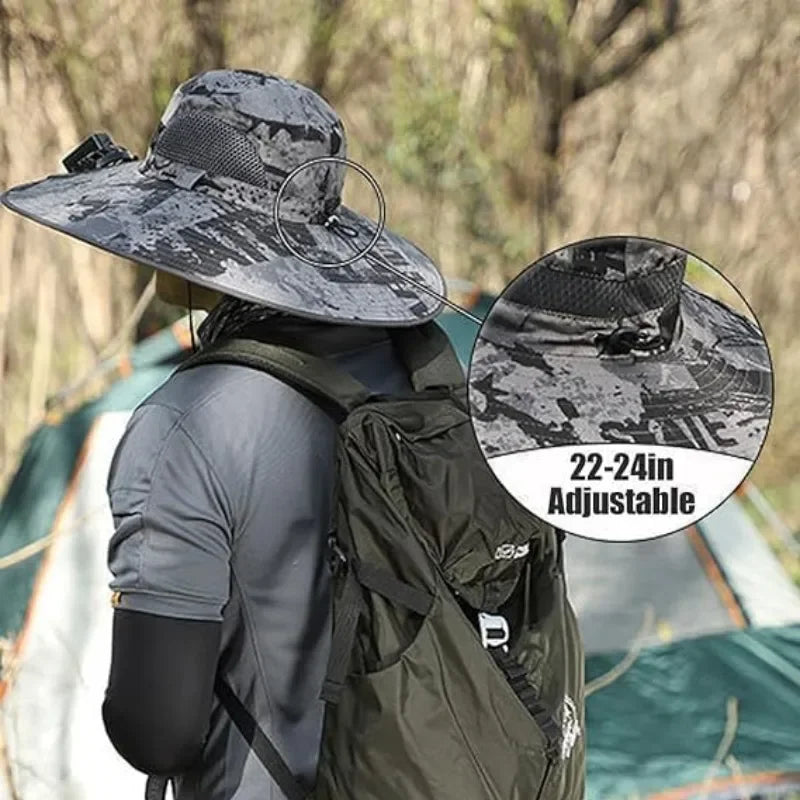 Men’s Wide Brim Solar Fan Hat – UPF50+ Sun Protection, Dual Power