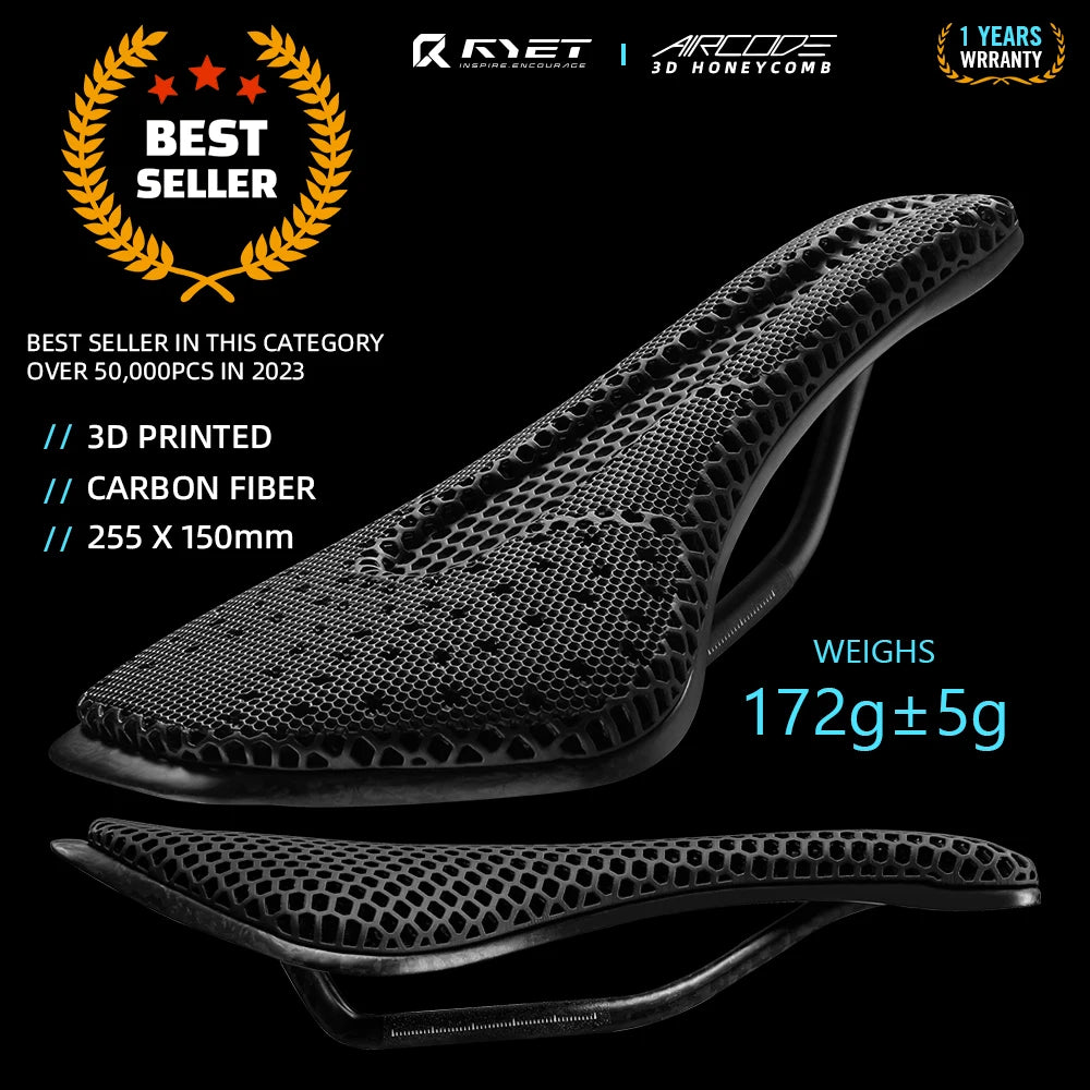 RYET Full Carbon 3D Printed Bike Saddle – Ultralight Breathable MTB & Road Seat