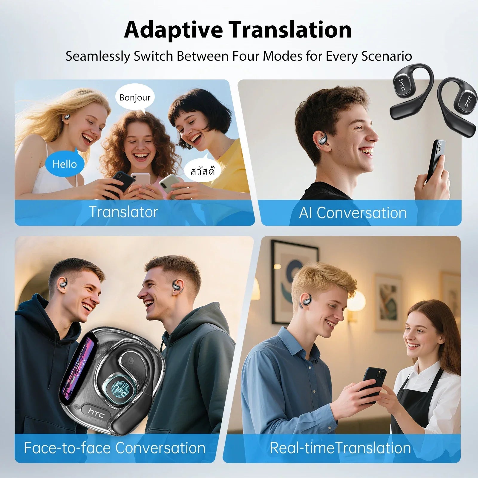 HTC NE11 Open-Ear Wireless Earbuds – Bluetooth V6.0 with AI Translator & LCD Display