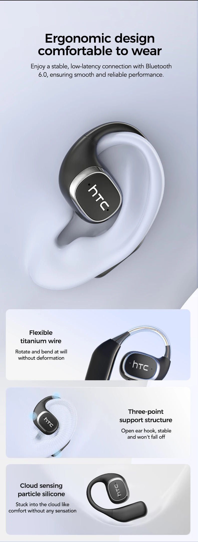 HTC NE11 Open-Ear Wireless Earbuds – Bluetooth V6.0 with AI Translator & LCD Display