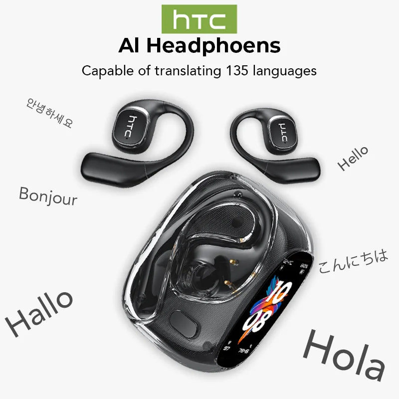 HTC NE11 Open-Ear Wireless Earbuds – Bluetooth V6.0 with AI Translator & LCD Display