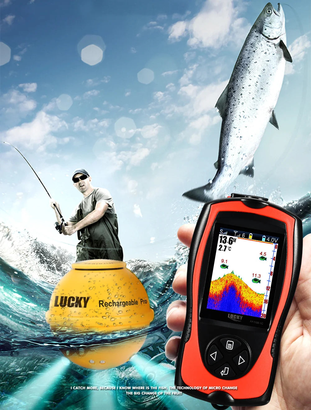 Lucky FF1108-1CWLA Wireless Sonar Fish Finder – 45M Depth, Rechargeable