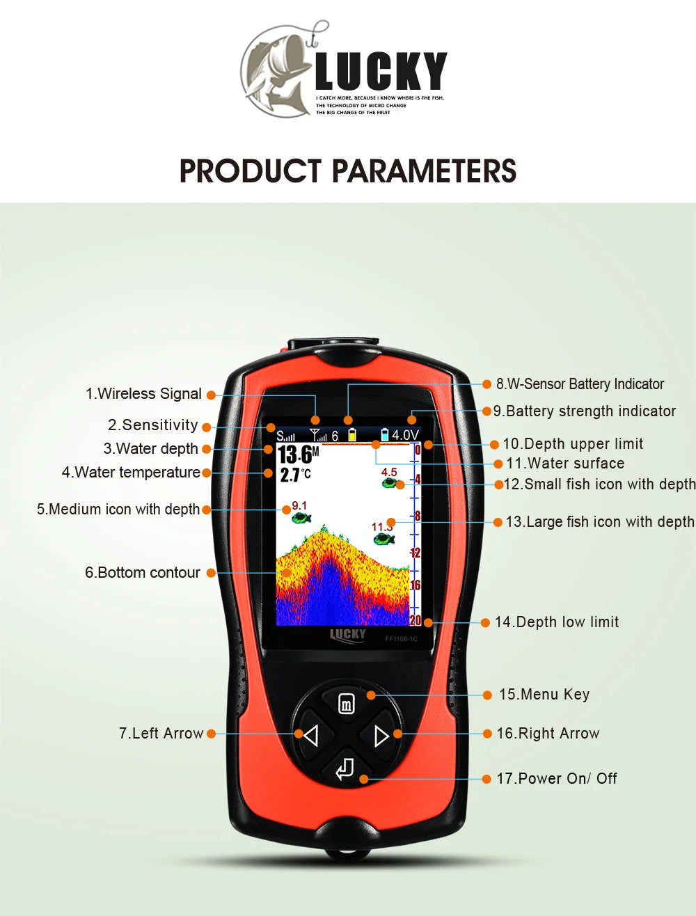 Lucky FF1108-1CWLA Wireless Sonar Fish Finder – 45M Depth, Rechargeable