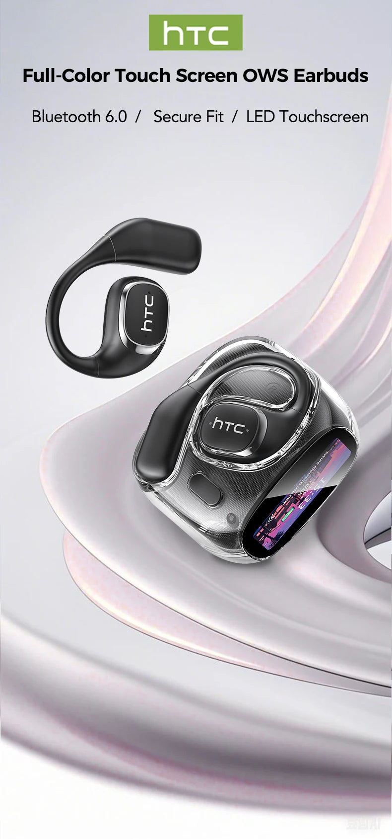 HTC NE11 Open-Ear Wireless Earbuds – Bluetooth V6.0 with AI Translator & LCD Display