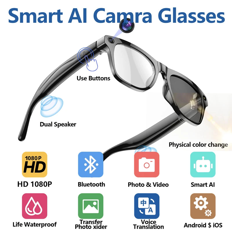 2026 4K AI Smart Glasses – Color Changing, 100MP Camera, Bluetooth Call & Voice Assistant