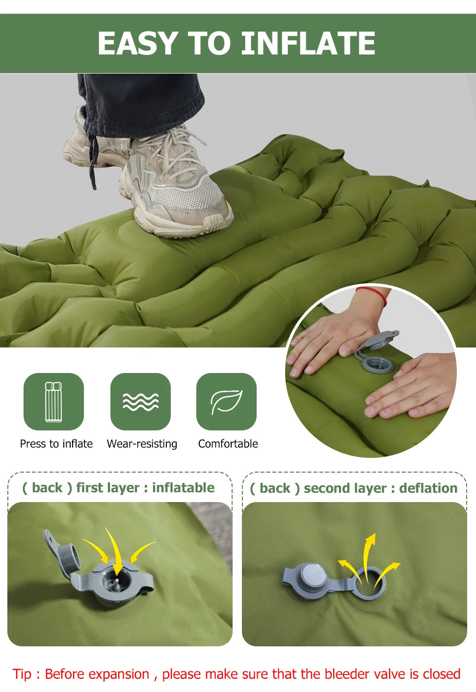 WESTTUNE Inflatable Camping Mattress – Thick Sleeping Pad with Pillow & Built-in Pump