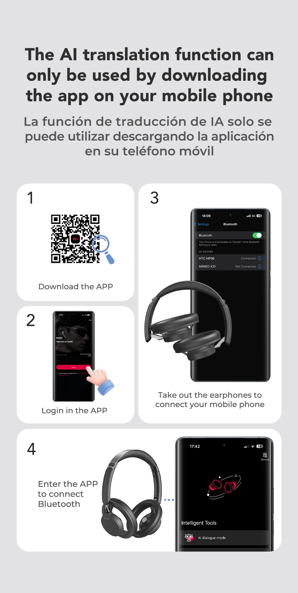 HTC HP06 Open-Ear Wireless Headphones – Foldable Bluetooth V6.0 Headset with AI Translate