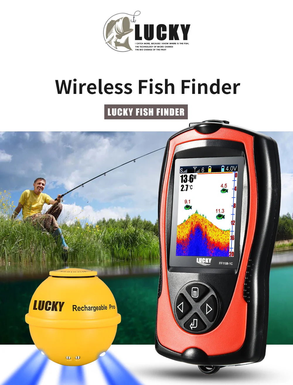 Lucky FF1108-1CWLA Wireless Sonar Fish Finder – 45M Depth, Rechargeable