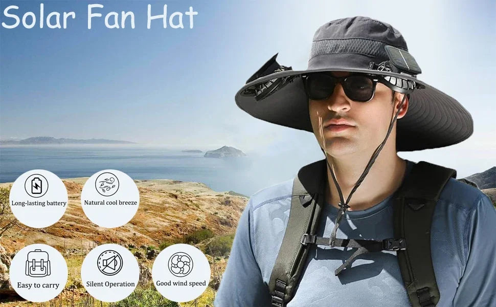 Men’s Wide Brim Solar Fan Hat – UPF50+ Sun Protection, Dual Power